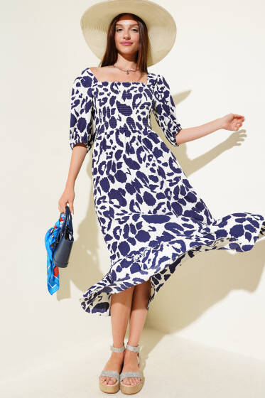 Kare Yaka Gipeli Midi Elbise Lacivert - Kadın Giyim Modelleri