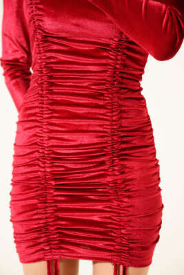 Kare Yaka İp Büzgülü Kadife Mini Elbise Bordo - Kadın Giyim Modelleri