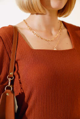 Kare Yaka Bluz Taba - Kadın Giyim Modelleri