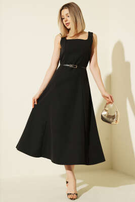 Kare Yaka Kemerli Kumaş Midi Elbise Siyah - LEVURE