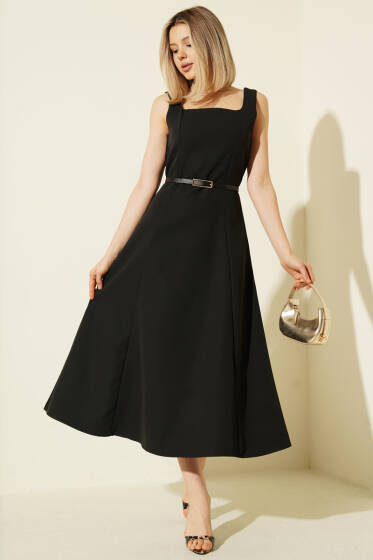 Kare Yaka Kemerli Kumaş Midi Elbise Siyah - Kadın Giyim Modelleri