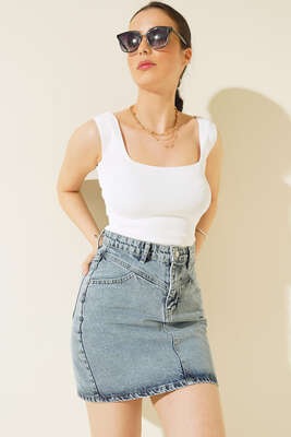 Kare Yaka Lazer Kesim Crop Ekru 