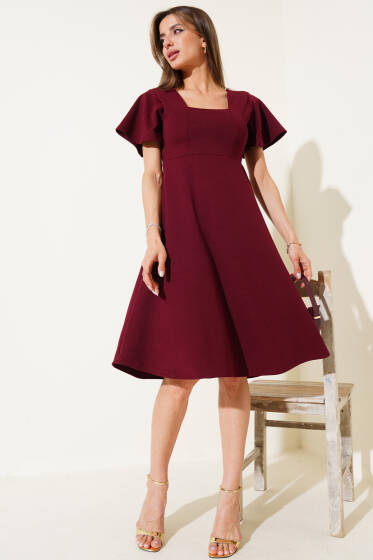 Kare Yaka Midi Elbise Bordo - Kadın Giyim Modelleri