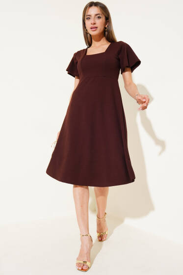 Kare Yaka Midi Elbise Kahve - Kadın Giyim Modelleri
