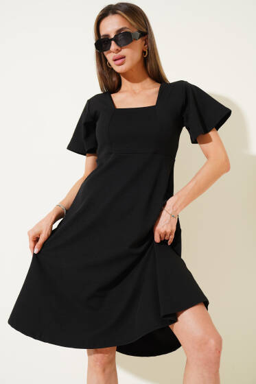 Kare Yaka Midi Elbise Siyah - Kadın Giyim Modelleri