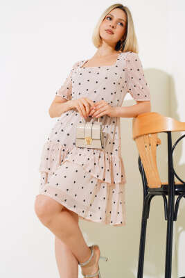 Kare Yaka Mini Çiçekli Tül Elbise Bej - TOP SHOW