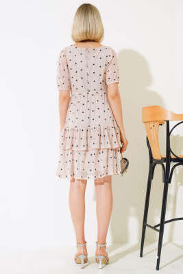 Kare Yaka Mini Çiçekli Tül Elbise Bej - Kadın Giyim Modelleri