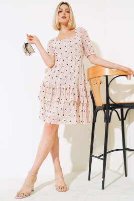 Kare Yaka Mini Çiçekli Tül Elbise Bej - Kadın Giyim Modelleri