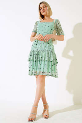 Kare Yaka Mini Çiçekli Tül Elbise Mint - Kadın Giyim Modelleri