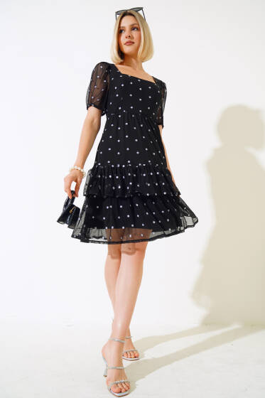 Kare Yaka Mini Çiçekli Tül Elbise Siyah - Kadın Giyim Modelleri