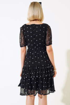Kare Yaka Mini Çiçekli Tül Elbise Siyah - Kadın Giyim Modelleri