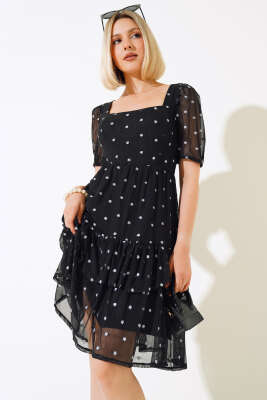 Kare Yaka Mini Çiçekli Tül Elbise Siyah - Kadın Giyim Modelleri
