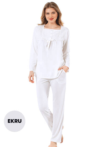 Kare Yaka Pijama Takımı Ekru - Pijama & Gecelik