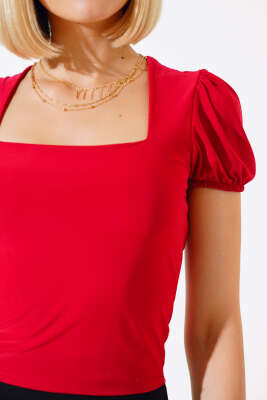 Kare Yaka Sandy Bluz Kırmızı - Kadın Giyim Modelleri