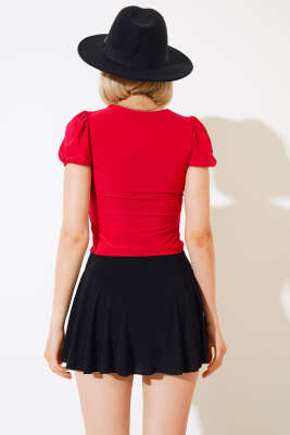 Kare Yaka Sandy Bluz Kırmızı - Kadın Giyim Modelleri