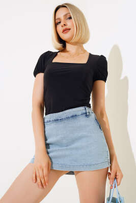 Kare Yaka Sandy Bluz Siyah - Kadın Giyim Modelleri