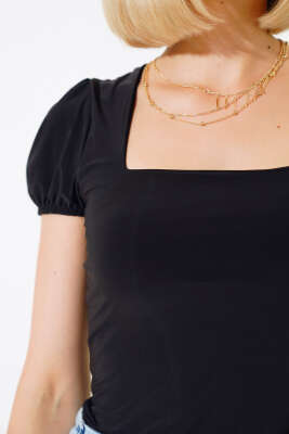 Kare Yaka Sandy Bluz Siyah - Kadın Giyim Modelleri