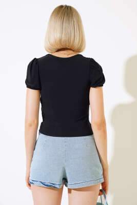 Kare Yaka Sandy Bluz Siyah - Kadın Giyim Modelleri