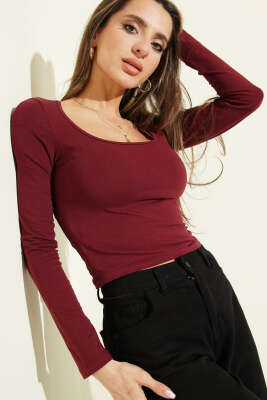 Kare Yaka Uzun Kol Bluz Bordo - Kadın Giyim Modelleri