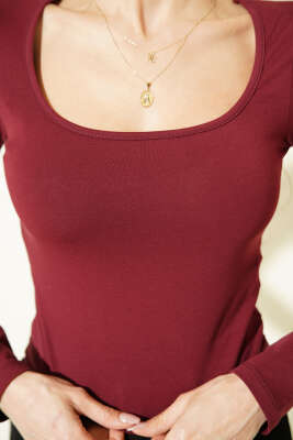 Kare Yaka Uzun Kol Bluz Bordo - Kadın Giyim Modelleri