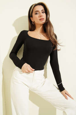 Kare Yaka Uzun Kol Bluz Siyah 