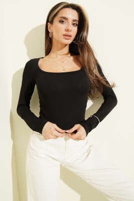 Kare Yaka Uzun Kol Bluz Siyah - Kadın Giyim Modelleri