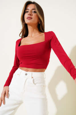 Kare Yaka Uzun Kol Sandy Crop Bordo - Yılın Fırsatı