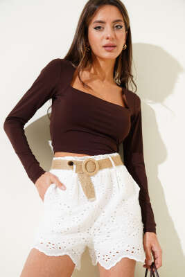 Kare Yaka Uzun Kol Sandy Crop Kahve 