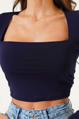 Kare Yaka Uzun Kol Sandy Crop Lacivert - Yılın Fırsatı