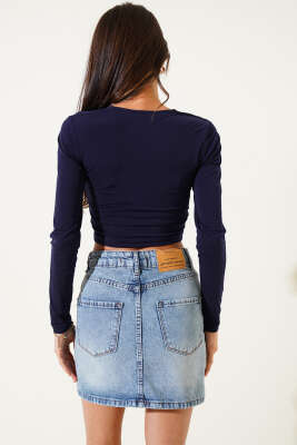 Kare Yaka Uzun Kol Sandy Crop Lacivert - Yılın Fırsatı
