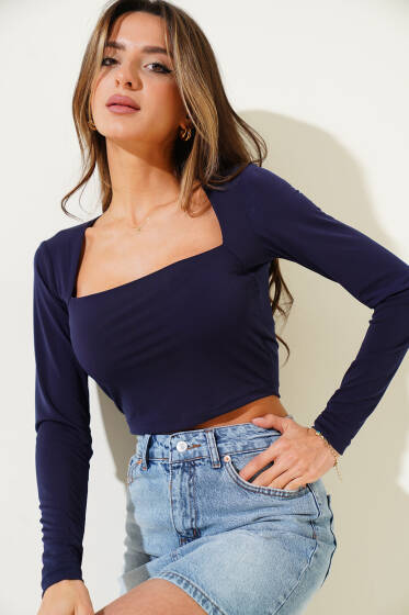 Kare Yaka Uzun Kol Sandy Crop Lacivert - Yılın Fırsatı