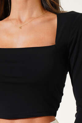 Kare Yaka Uzun Kol Sandy Crop Siyah - Yılın Fırsatı