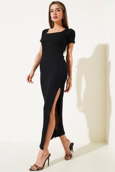 Kare Yaka Yan Yırtmaçlı Kaşkorse Elbise Siyah - Kadın Giyim Modelleri