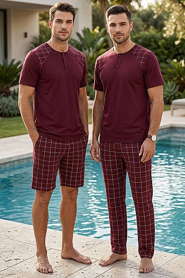 Kareli Erkek 3'lü Kısa Kol Pijama Takımı Bordo - Pijama