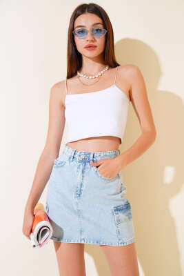 Kargo Cep Kısa Kot Etek Buz Mavisi - Kadın Giyim Modelleri