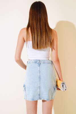 Kargo Cep Kısa Kot Etek Buz Mavisi - Kadın Giyim Modelleri