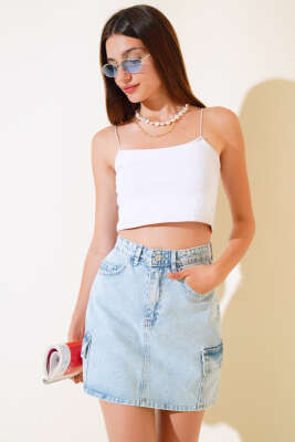 Kargo Cep Kısa Kot Etek Buz Mavisi - Kadın Giyim Modelleri