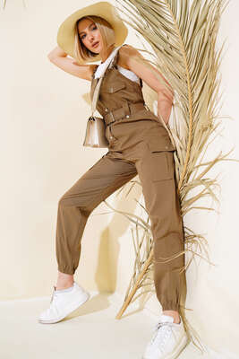 Kargo Cepli Askılı Tulum Açık Kahve - Kadın Giyim Modelleri