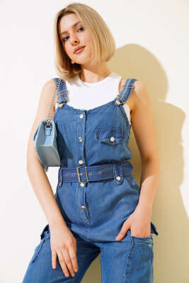 Kargo Cepli Askılı Tulum Koyu Mavi - Kadın Giyim Modelleri