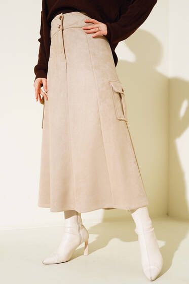 Kargo Cepli Süet Etek Bej - Uzun Etek