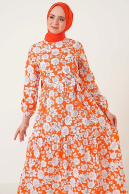 Karışık Çiçek Desenli Elbise Oranj - Thumbnail