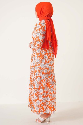 Karışık Çiçek Desenli Elbise Oranj - Thumbnail