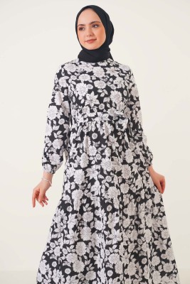Karışık Çiçek Desenli Elbise Siyah - Thumbnail