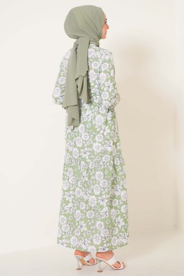 Karışık Çiçek Desenli Elbise Yeşil - Thumbnail