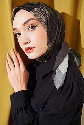 Karışık Desen Bambu Kraş Ayda Eşarp Haki 