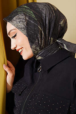 Karışık Desen Bambu Kraş Ayda Eşarp Haki - Başörtüsü