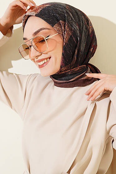 Karışık Desen Bambu Kraş Ayda Eşarp Kahve - Başörtüsü
