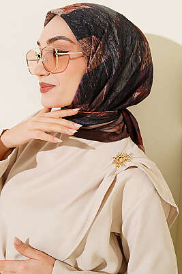 Karışık Desen Bambu Kraş Ayda Eşarp Kahve - Başörtüsü