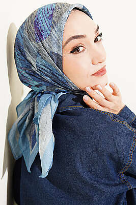 Karışık Desen Bambu Kraş Ayda Eşarp Mavi - Başörtüsü