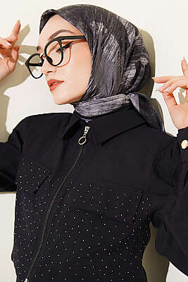 Karışık Desen Bambu Kraş Ayda Eşarp Siyah 